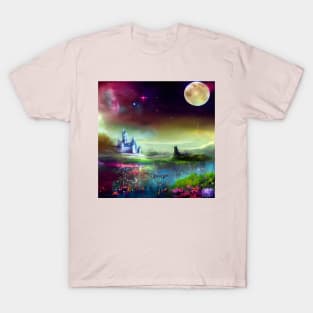 Fantasy castle across a flower filled pond T-Shirt